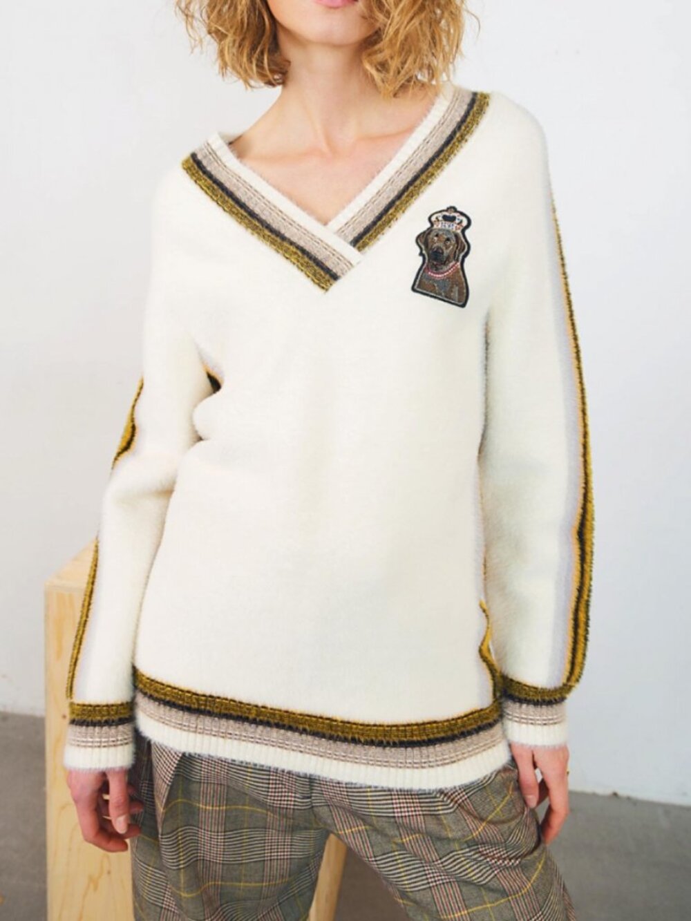Maison Haussmann Japan Fuzzy Varsity V-Neck Sweater Embroidered Dog Crest